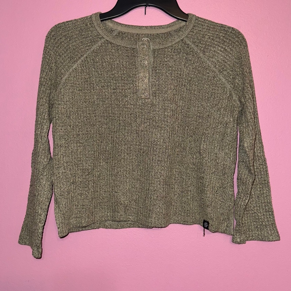 Olive Waffle Knit Button Top